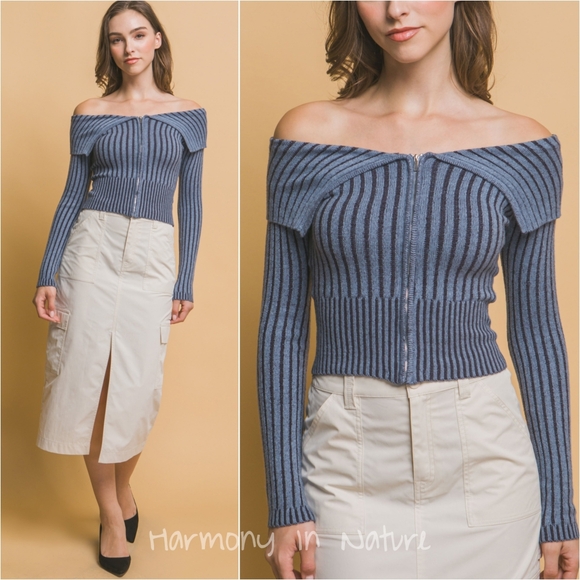 Zip-Me-Up Bardot Ribbed Top - Blue - Picture 3 of 10